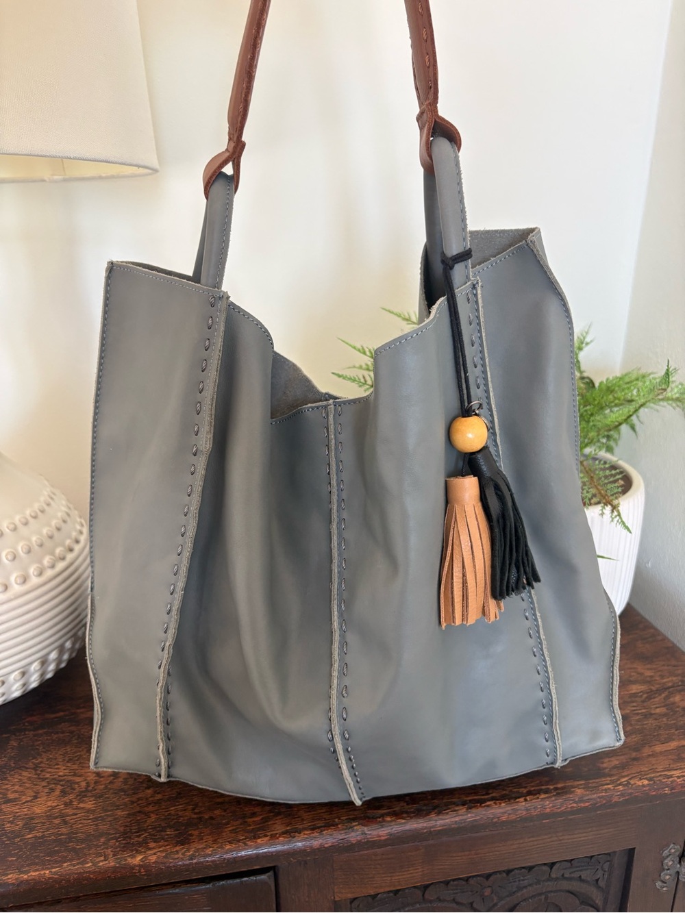 The Sak Los Feliz Maritime Blue Grey Large Leather Tote Bag with Tassel Accent